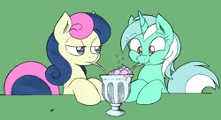 Size: 1264x690 | Tagged: safe, artist:joey darkmeat, derpibooru import, bon bon, lyra heartstrings, sweetie drops, drink, female, lesbian, lyrabon, milkshake, sharing a drink, shipping