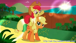 Size: 1280x720 | Tagged: dead source, safe, artist:jan, derpibooru import, apple bloom, applejack, pony, accessory swap, applejack's hat, cowboy hat, cutie mark, farm, female, hat, image, lens flare, looking at each other, looking at someone, open mouth, open smile, orchard, png, ponies riding ponies, riding, siblings, sisters, smiling, sun, tree