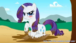 Size: 1280x720 | Tagged: dead source, safe, artist:jan, derpibooru import, rarity, pony, unicorn, angry, background, blushing, cutie mark, dirty, female, image, mare, mud, png, puddle, solo, url, vector