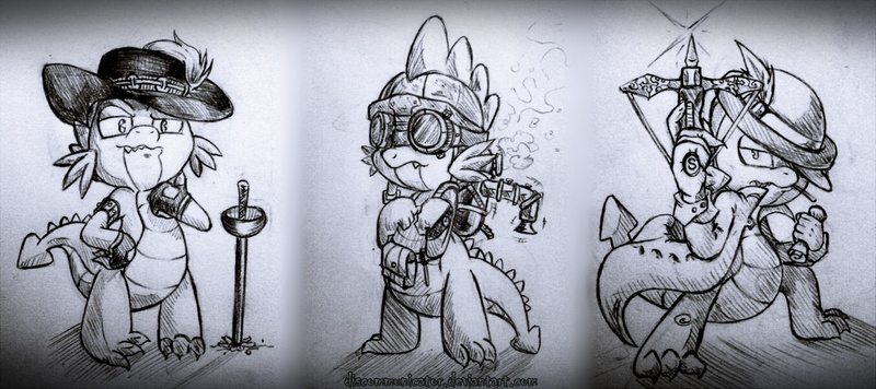 Size: 1350x600 | Tagged: artist:discommunicator, costume, crossbow, dead source, derpibooru import, dragon, goggles, hat, male, monochrome, paint tool sai, safe, solo, spike, steampunk, sword, traditional art, weapon