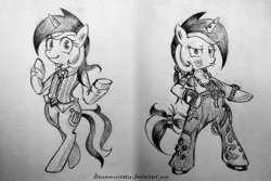 Size: 1200x800 | Tagged: dead source, safe, artist:discommunicator, derpibooru import, lyra heartstrings, pony, unicorn, bipedal, clothes, costume, cutie mark tattoo, dress shirt, female, grayscale, jacket, jewelry, mare, monochrome, necklace, necktie, paint tool sai, pants, solo, stylin', tail wrap, tattoo, traditional art, vest