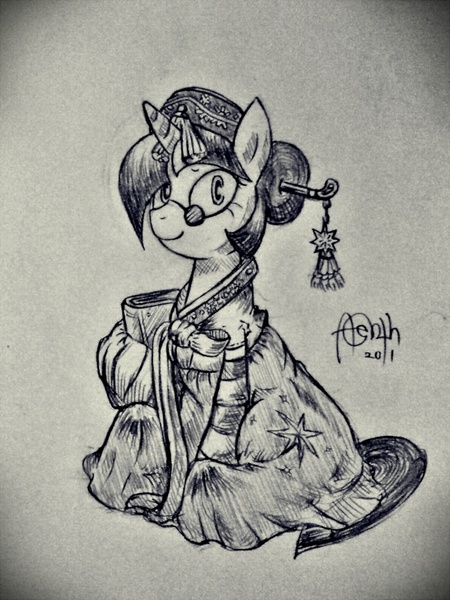 Size: 600x800 | Tagged: dead source, safe, artist:discommunicator, derpibooru import, twilight sparkle, pony, unicorn, book, clothes, dress, female, glasses, grayscale, hanbok, korean, mare, monochrome, paint tool sai, sitting, solo, traditional art