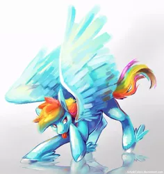 Size: 722x765 | Tagged: safe, artist:caramelbrulee, derpibooru import, rainbow dash, pegasus, pony, action pose, female, mare, solo, winged shoes