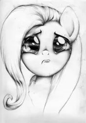 Size: 1280x1815 | Tagged: artist:carlotta-guidicelli, bust, crying, derpibooru import, fluttershy, frown, grayscale, looking at you, monochrome, pencil drawing, portrait, pouting, sad, safe, solo, traditional art