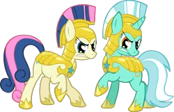 Size: 6225x4000 | Tagged: safe, artist:spaceponies, derpibooru import, bon bon, lyra heartstrings, sweetie drops, earth pony, pony, unicorn, absurd resolution, angry, armor, duo, duo female, female, helmet, mare, royal guard armor, simple background, solo, transparent background, war face