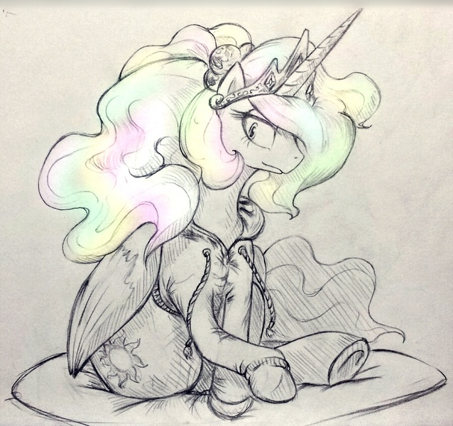 Size: 896x842 | Tagged: dead source, safe, artist:discommunicator, derpibooru import, princess celestia, alicorn, pony, alternate hairstyle, black and white, clothes, female, grayscale, hoodie, mare, monochrome, neo noir, paint tool sai, partial color, sitting, solo, sweater, traditional art