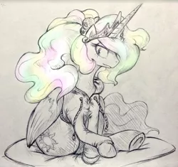 Size: 896x842 | Tagged: dead source, safe, artist:discommunicator, derpibooru import, princess celestia, alicorn, pony, alternate hairstyle, black and white, clothes, female, grayscale, hoodie, mare, monochrome, neo noir, paint tool sai, partial color, sitting, solo, sweater, traditional art