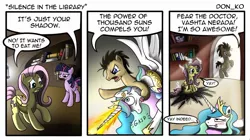 Size: 1024x575 | Tagged: dead source, safe, artist:bluehaakon, artist:don-ko, derpibooru import, doctor whooves, fluttershy, princess celestia, time turner, twilight sparkle, alicorn, earth pony, pegasus, pony, unicorn, comic:silence in the library, dragonshy, asphyxiation, behaving like a weapon, blushing, comic, crossover, doctor who, erotic asphyxiation, female, golden oaks library, horn, horngasm, library, male, mare, orgasm, photoshop elements, scene parody, shadow, stallion, tongue out, unicorn twilight, vashta nerada, yay