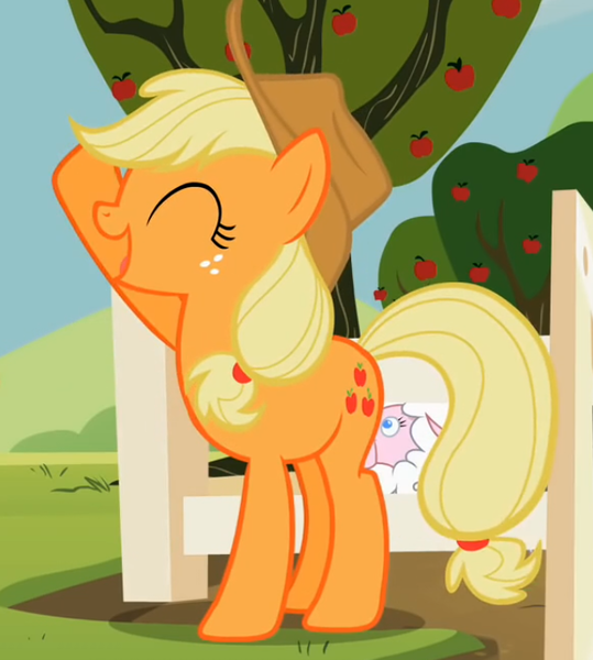 Size: 618x688 | Tagged: applejack, cropped, derpibooru import, eyes closed, raised hoof, safe, screencap, sheep, sisterhooves social, solo