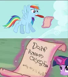 Size: 621x700 | Tagged: dead source, safe, artist:bluehaakon, derpibooru import, edit, edited screencap, screencap, rainbow dash, twilight sparkle, pegasus, pony, unicorn, the mysterious mare do well, comic, female, flying, letter, magic, mare, mouth hold, photoshop, quill, scroll, writing
