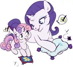 Size: 499x459 | Tagged: safe, artist:clovercoin, derpibooru import, rarity, sweetie belle, pony, unicorn, duo, duo female, female, filly, mare, pillow, sisters