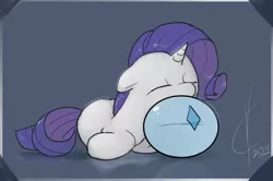 Size: 875x581 | Tagged: artist:valcron, ball, cute, derpibooru import, eyes closed, floppy ears, leaning, prone, rarity, safe, sleeping, solo