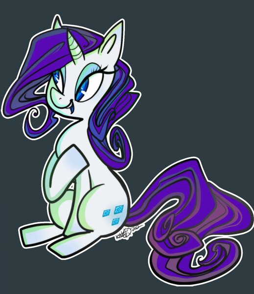 Size: 1107x1280 | Tagged: safe, artist:rfetus, derpibooru import, rarity, pony, unicorn, female, gray background, hoof on chest, lidded eyes, looking away, mare, open mouth, outline, simple background, sitting, smiling, solo, three quarter view, white outline