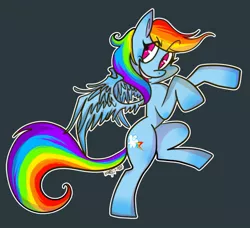 Size: 1280x1169 | Tagged: safe, artist:rfetus, derpibooru import, rainbow dash, pegasus, pony, female, gray background, looking at you, looking sideways, mare, open mouth, outline, rearing, simple background, smiling, solo, spread wings, three quarter view, white outline, wings