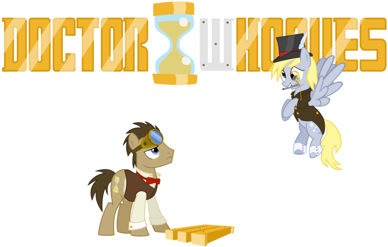 Size: 9391x6000 | Tagged: safe, artist:the smiling pony, derpibooru import, derpy hooves, doctor whooves, time turner, earth pony, pegasus, pony, absurd resolution, crossover, doctor who, doctorderpy, eye contact, female, goggles, hat, inkscape, looking at each other, male, mare, mistake, mouth hold, shipping, simple background, sonic screwdriver, stallion, steampunk, straight, top hat, transparent background, vector