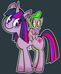 Size: 1057x1280 | Tagged: safe, artist:rfetus, derpibooru import, spike, twilight sparkle, pony, unicorn, duo, female, gray background, looking at each other, mare, outline, simple background, sitting on, sitting on pony, smiling, three quarter view, white outline