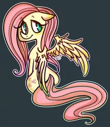 Size: 1107x1280 | Tagged: safe, artist:rfetus, derpibooru import, fluttershy, pegasus, pony, female, floppy ears, gray background, looking at you, looking back, looking back at you, looking sideways, mare, outline, simple background, sitting, smiling, solo, spread wings, white outline, wings