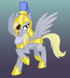 Size: 1700x1900 | Tagged: safe, artist:equestria-prevails, derpibooru import, derpy hooves, pegasus, pony, armor, epic derpy, eyepatch, female, general derpy, gradient background, guardsmare, helmet, mare, photoshop, royal guard, royal guard armor, solo, wings