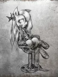 Size: 680x891 | Tagged: dead source, safe, artist:discommunicator, derpibooru import, fluttershy, pegasus, pony, boots, chair, clothes, costume, ear piercing, earring, female, flutterbitch, grayscale, hair over one eye, jewelry, mare, monochrome, piercing, sitting, solo