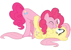 Size: 2000x1421 | Tagged: artist:federalelephant, dead source, derpibooru import, eyes closed, female, flutterpie, fluttershy, kissing, legs in air, lesbian, mouth to mouth, pinkie pie, puffy cheeks, safe, shipping