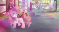 Size: 1100x600 | Tagged: safe, artist:nyanamo, derpibooru import, derpy hooves, pinkie pie, pegasus, pony, female, mare