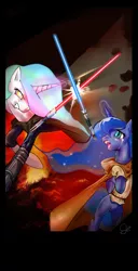 Size: 650x1270 | Tagged: dead source, safe, artist:bloo-ocean, derpibooru import, princess celestia, princess luna, alicorn, pony, clothes, crossover, duo, female, fight, lightsaber, mare, sisters, star wars, weapon