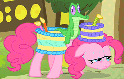 Size: 445x284 | Tagged: safe, derpibooru import, screencap, gummy, pinkie pie, earth pony, pony, party of one, animated, dancing, female, gummy doesn't give a fuck, riding, singing, tired
