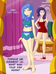 Size: 2400x3150 | Tagged: artist:megasweet, barefoot, belly button, breasts, carousel boutique, clothes, derpibooru import, dress, dressing up, dressup, feet, high res, humanized, midriff, mirror, panties, princess luna, rarity, s1 luna, skirt, suggestive, tight clothing, toenails, toes, underwear, upskirt