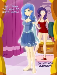 Size: 2400x3150 | Tagged: artist:megasweet, barefoot, breasts, cleavage, clothes, derpibooru import, dress, dressup, evening gloves, feet, female, glow, high res, humanized, lidded eyes, :o, panties, princess luna, rarity, s1 luna, skirt, smiling, suggestive, underwear, upskirt, wide eyes