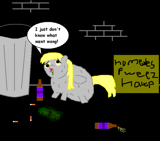 Size: 702x621 | Tagged: safe, artist:ponyflea, derpibooru import, derpy hooves, fluffy pony, pegasus, pony, 1000 hours in ms paint, beer, cigarette, female, fluffy derpy, fluffy pony original art, homeless, mare, vomit