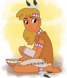 Size: 1200x1400 | Tagged: anklet, artist:thelivingmachine02, barefoot, bowl, clothes, cute, derpibooru import, feather, feet, female, headband, human, humanized, little strongheart, safe, solo
