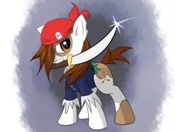 Size: 1600x1200 | Tagged: dead source, safe, artist:phon-e, derpibooru import, pipsqueak, earth pony, pony, abstract background, adult, clothes, colt, costume, male, mouth hold, older, older pipsqueak, pirate, solo, sword, weapon
