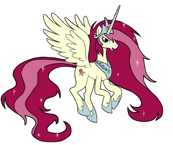 Size: 900x756 | Tagged: artist needed, safe, derpibooru import, roseluck, alicorn, pony, alicornified, crown, female, flying, hilarious in hindsight, jewelry, mare, peytral, princess, race swap, regalia, rosecorn, simple background, solo, transparent background