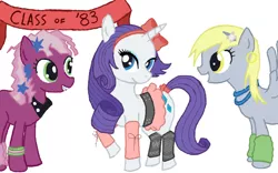 Size: 800x500 | Tagged: 80s, 80s cheerilee, cheerilee, derpibooru import, derpy hooves, leg warmers, rarity, safe, teenager, younger