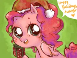 Size: 400x300 | Tagged: safe, artist:pasuteru-usagi, derpibooru import, pinkie pie, earth pony, pony, bust, christmas, dialogue, female, hat, holiday, looking at you, mare, open mouth, present, raised hoof, santa hat, smiling, solo, speech bubble