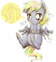 Size: 746x822 | Tagged: safe, artist:pasuteru-usagi, derpibooru import, derpy hooves, pegasus, pony, colored hooves, dialogue, female, hooves to the chest, looking at you, mare, on back, solo, sorry, speech bubble, spread wings, wavy mouth, wings