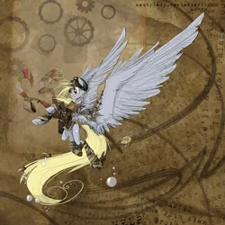 Size: 1531x1529 | Tagged: safe, artist:nastylady, derpibooru import, derpy hooves, pegasus, pony, abstract background, clothes, epic derpy, female, goggles, large wings, mare, muffin, scarf, smiling, solo, steampunk, wings