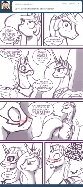 Size: 600x1342 | Tagged: dead source, suggestive, artist:johnjoseco, derpibooru import, princess celestia, alicorn, pony, ask princess molestia, princess molestia, bedroom eyes, blushing, comic, eye contact, female, grin, heart, implied blowjob, implied oral, implied sex, male, mare, open mouth, plot, she-ra and the princesses of power, shipping, smiling, straight, swift wind, wide eyes