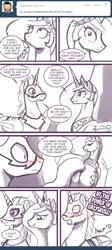 Size: 600x1342 | Tagged: dead source, suggestive, artist:johnjoseco, derpibooru import, princess celestia, alicorn, pony, ask princess molestia, princess molestia, bedroom eyes, blushing, comic, eye contact, female, grin, heart, implied blowjob, implied oral, implied sex, male, mare, open mouth, plot, she-ra and the princesses of power, shipping, smiling, straight, swift wind, wide eyes