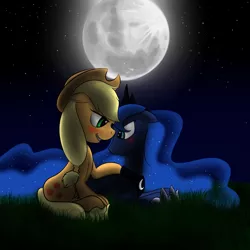 Size: 1400x1400 | Tagged: dead source, safe, artist:phon-e, derpibooru import, applejack, princess luna, alicorn, earth pony, pony, blushing, eye contact, female, floppy ears, grass, lesbian, looking at each other, lunajack, mare, moon, night, prone, shipping