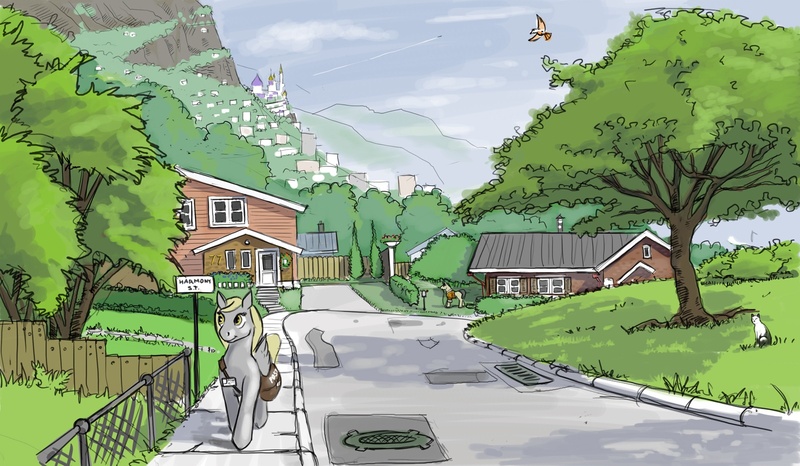 Size: 1600x932 | Tagged: safe, artist:jhonnyrebel, derpibooru import, derpy hooves, bird, cat, pegasus, pony, bag, canterlot, fence, house, mail, mailbag, mailmare, outdoors, scenery, suburbs, tree