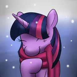 Size: 1200x1200 | Tagged: dead source, safe, artist:phon-e, derpibooru import, twilight sparkle, pony, unicorn, blushing, clothes, eyes closed, female, happy, mare, scarf, snow, snowfall, solo