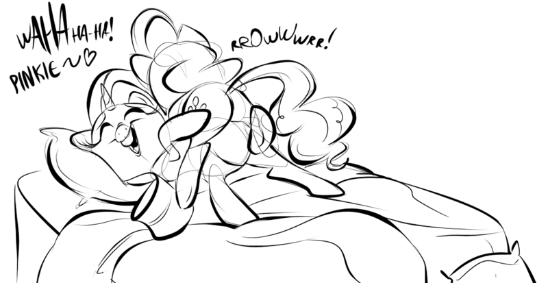 Size: 1068x552 | Tagged: suggestive, artist:ross irving, derpibooru import, pinkie pie, rarity, earth pony, pony, unicorn, bed, butt, female, lesbian, mare, monochrome, pillow, plot, raripie, shipping