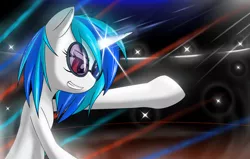 Size: 4100x2600 | Tagged: dead source, safe, artist:phon-e, derpibooru import, vinyl scratch, pony, unicorn, female, grin, lens flare, mare, solo, sunglasses