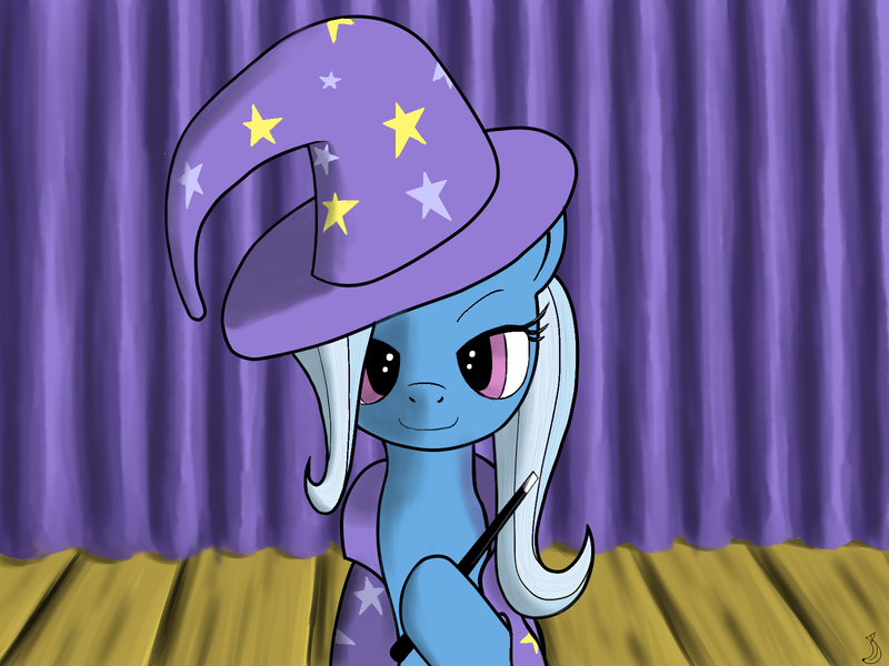 Size: 1600x1200 | Tagged: dead source, safe, artist:phon-e, derpibooru import, trixie, pony, unicorn, female, looking at you, mare, smiling, solo, stage, wand