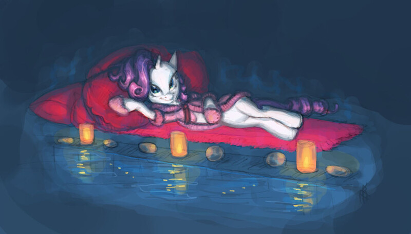 Size: 1260x720 | Tagged: artist:carnifex, bathrobe, candle, clothes, derpibooru import, draw me like one of your french girls, featureless crotch, rarity, robe, suggestive, sultry pose, swimming pool
