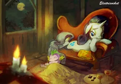 Size: 1518x1062 | Tagged: safe, artist:electrixocket, derpibooru import, rarity, spike, dragon, pony, unicorn, candle, fainting couch, female, floppy ears, glow, interior, interspecies, male, mare, moon, night, photoshop, prone, shipping, sleeping, sparity, straight, window