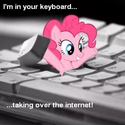 Size: 375x375 | Tagged: safe, derpibooru import, pinkie pie, earth pony, pony, ponibooru, arms in the air, artifact, bronybait, caption, female, grin, happy, i hid in your keyboard, image macro, join the herd, keyboard, looking down, mare, meme, smiling, solo, welcome to the herd