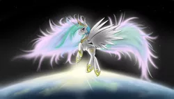 Size: 7000x4000 | Tagged: dead source, safe, artist:phon-e, derpibooru import, princess celestia, alicorn, pony, absurd resolution, backlighting, female, mare, planet, solo, space