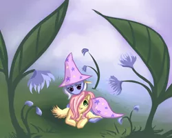 Size: 2000x1600 | Tagged: dead source, safe, artist:ninjaham, derpibooru import, fluttershy, trixie, pegasus, pony, unicorn, acdsee, colored pupils, cute, diatrixes, duo, female, flower, grass, lesbian, mare, prone, shipping, shyabetes, smiling, trixie's cape, trixie's hat, trixieshy